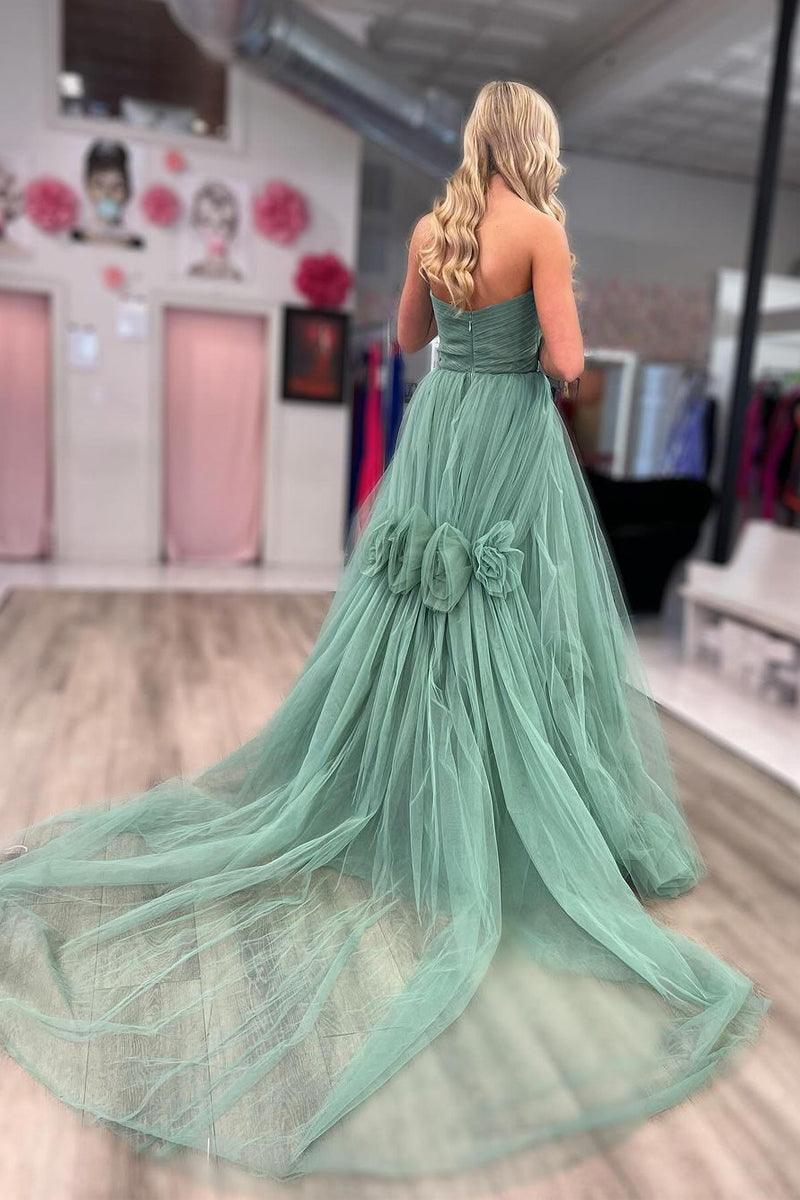 Green Prom Dress Strapless A Line Tulle Long Evening Dress