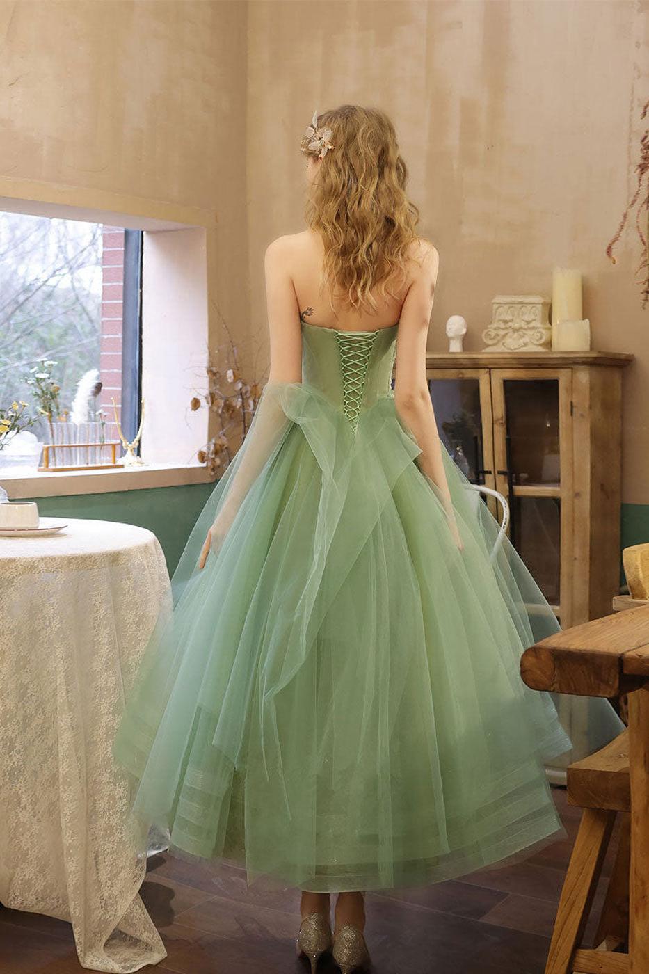 Green Prom Dress Sweetheart Neck Tea Length Tulle Short Sweet 16 Dress Evening Dress