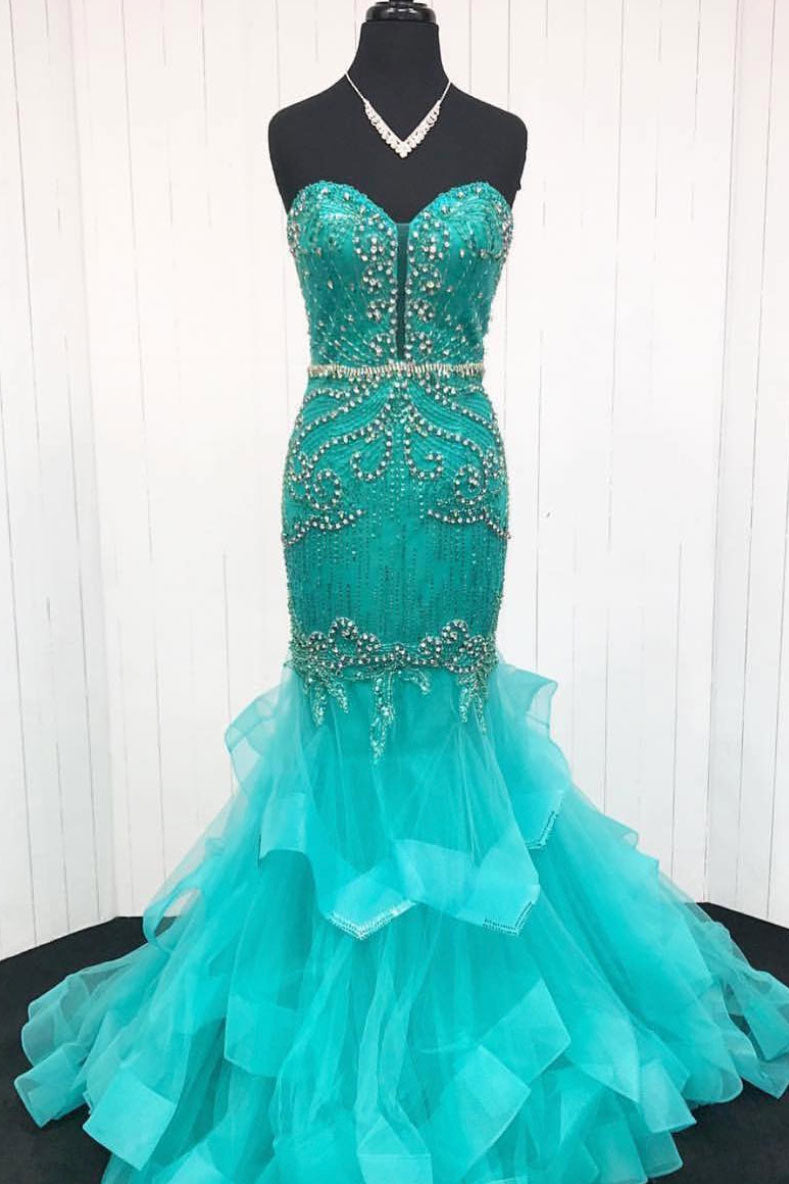 Green Prom Dress Sweetheart Tulle Beaded Long Evening Dress
