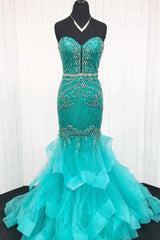 Green Prom Dress Sweetheart Tulle Beaded Long Evening Dress