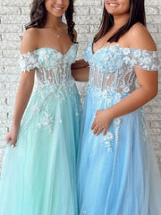 Green Prom Dress Tulle A Line Lace Long Evening Dress