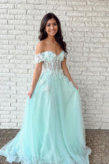 Green Prom Dress Tulle A Line Lace Long Evening Dress