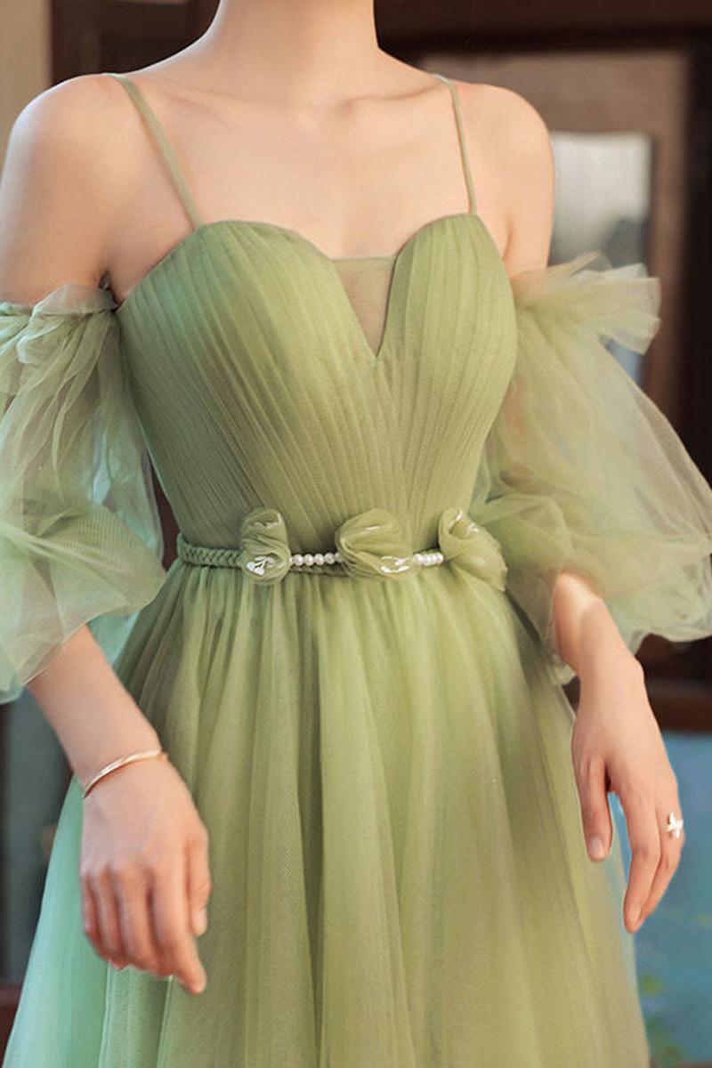 Green Prom Dress Tulle A Line Long Evening Gown Evening Dress