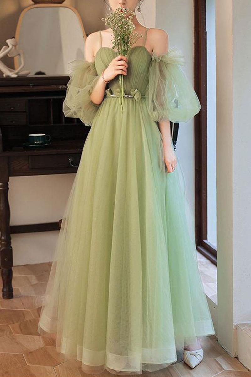 Green Prom Dress Tulle A Line Long Evening Gown Evening Dress