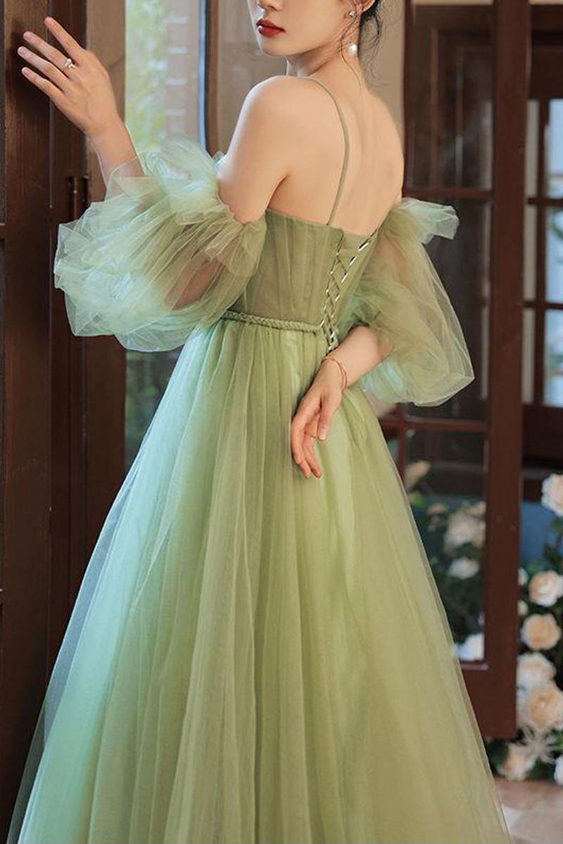 Green Prom Dress Tulle A Line Long Evening Gown Evening Dress