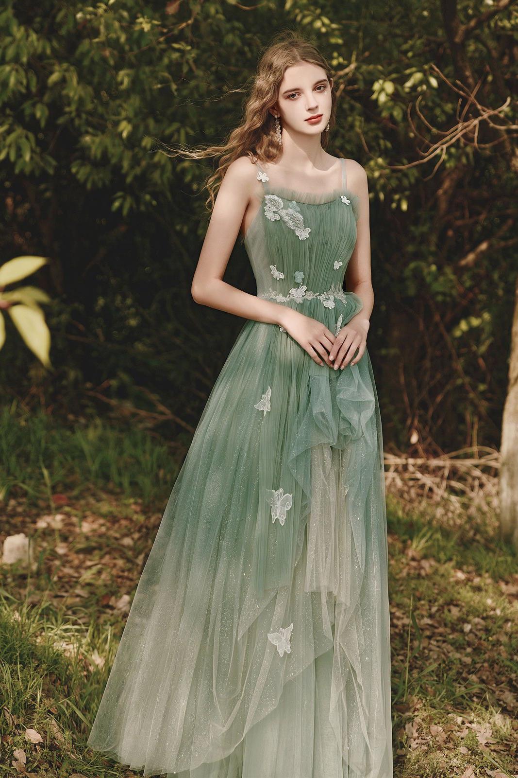 Green Prom Dress Tulle Lace Long Formal Gown Evening Dress
