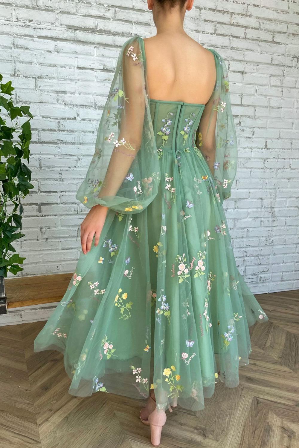 Green Prom Dress Tulle Lace Tea Length Formal Evening Dress