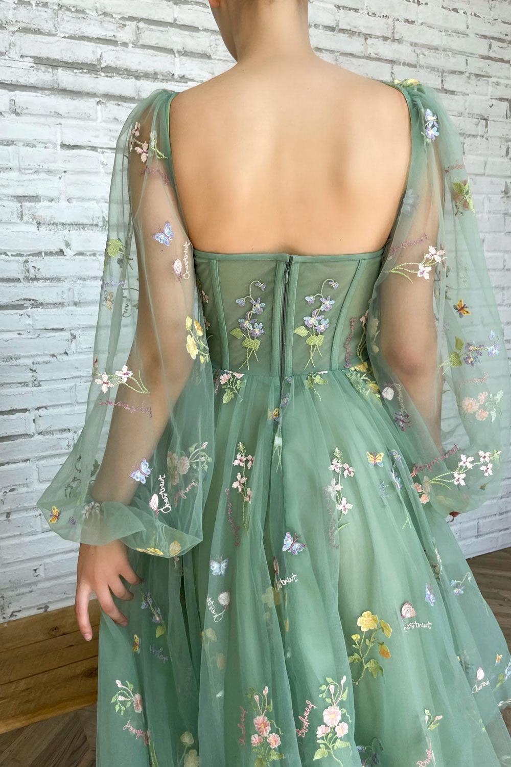 Green Prom Dress Tulle Lace Tea Length Formal Evening Dress