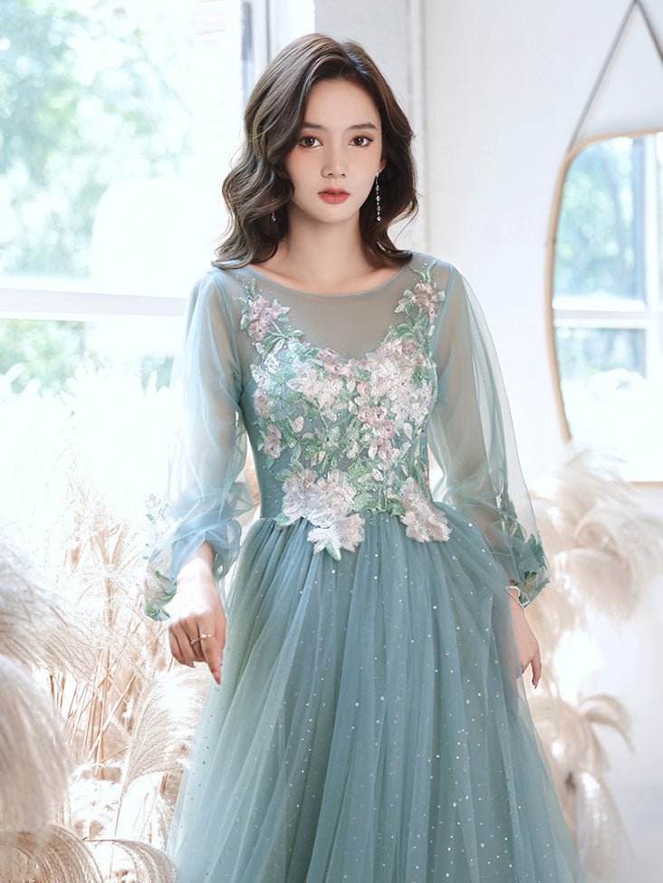 Green Prom Dress Tulle Lace Tea Length Formal Evening Dress