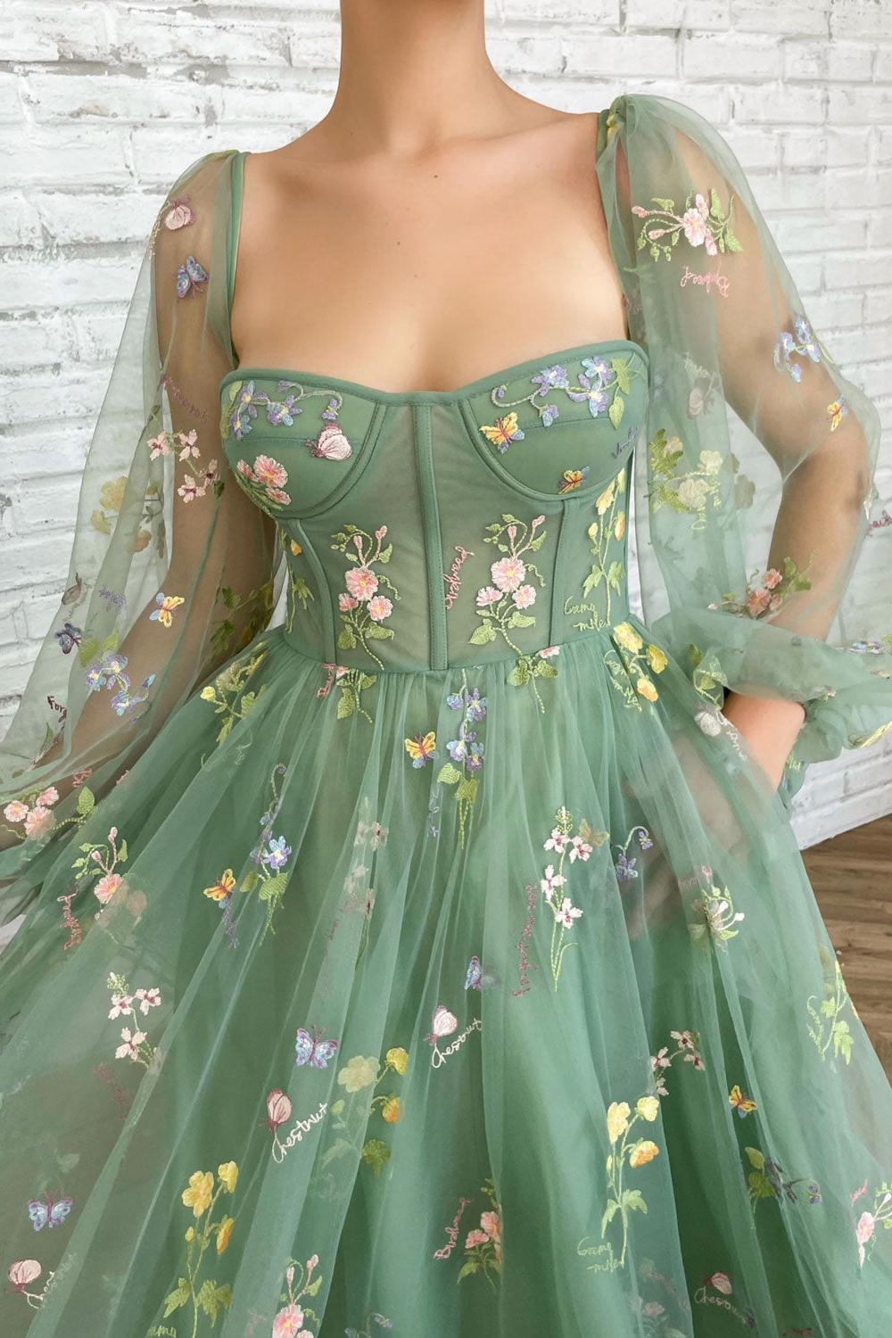 Green Prom Dress Tulle Lace Tea Length Formal Evening Dress