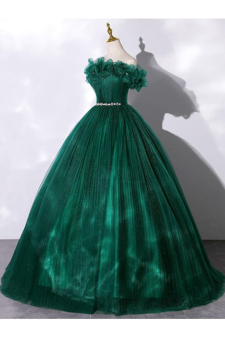 Green Prom Dress Tulle Off the Shoulder Long Sweet 16 Dress Evening Dress