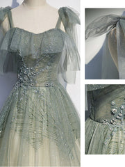 Green Prom Dress Tulle Sequin Beaded Long Formal Dress Evening Dress