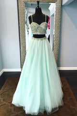 Green Prom Dress Two Piece Tulle Beaded Long Evening Dress