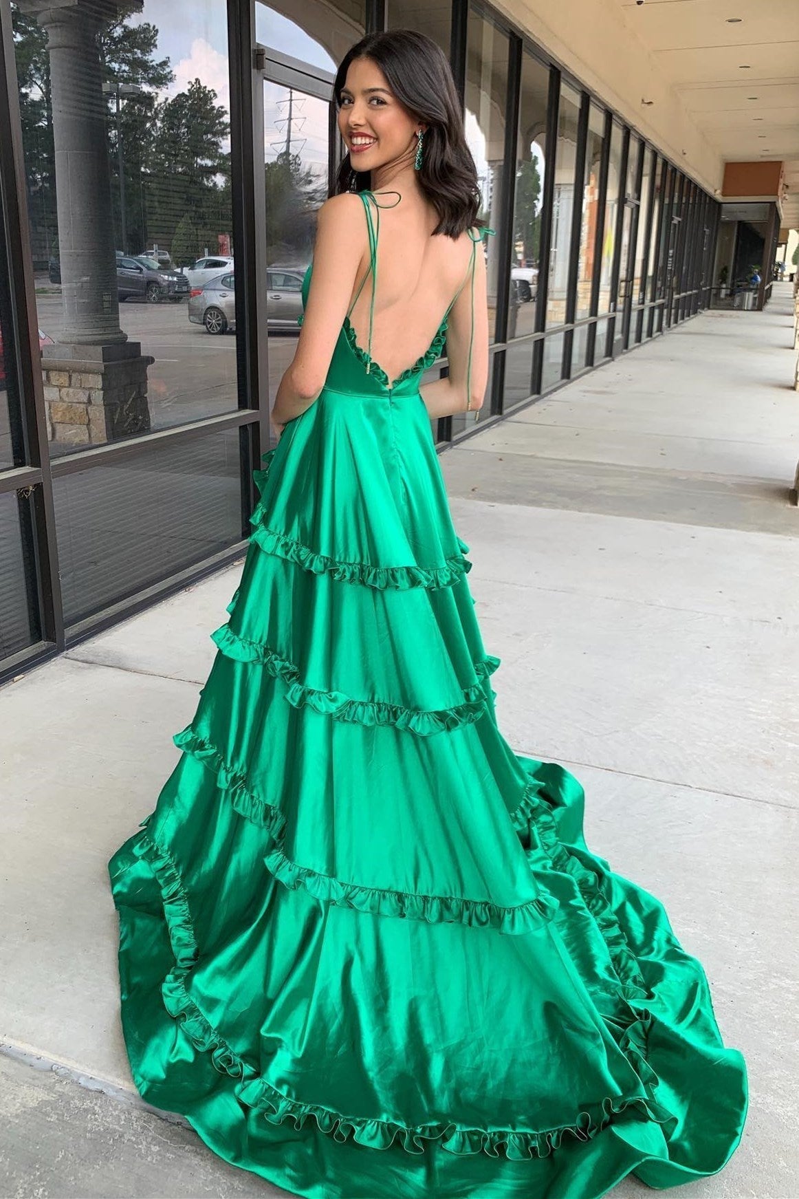 Green Prom Dress V Neck Backless Ruffle A Line Prom Gown Evening Dress With Split