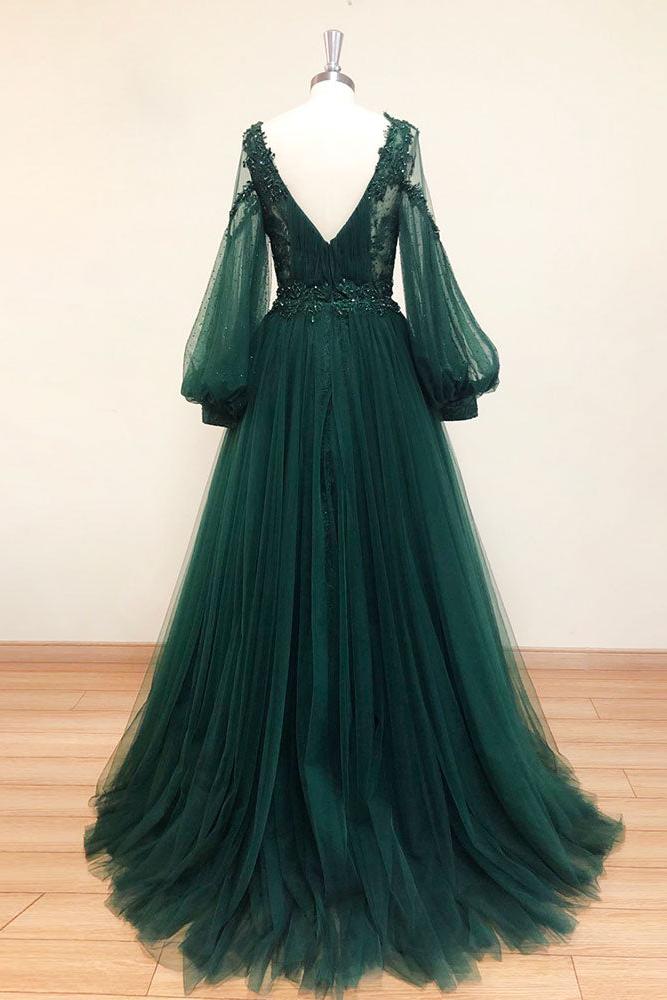 Green Prom Dress V Neck Lace A Line Long Tulle Evening Dress