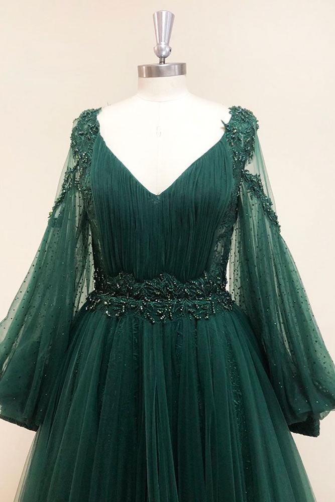 Green Prom Dress V Neck Lace A Line Long Tulle Evening Dress