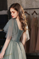 Green Prom Dress V Neck Tulle Lace Long Formal Dress Evening Dress