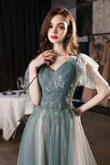 Green Prom Dress V Neck Tulle Lace Long Formal Dress Evening Dress