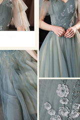 Green Prom Dress V Neck Tulle Lace Long Formal Dress Evening Dress