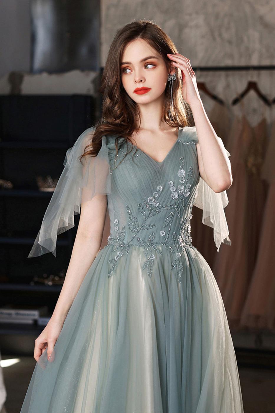 Green Prom Dress V Neck Tulle Lace Long Formal Dress Evening Dress
