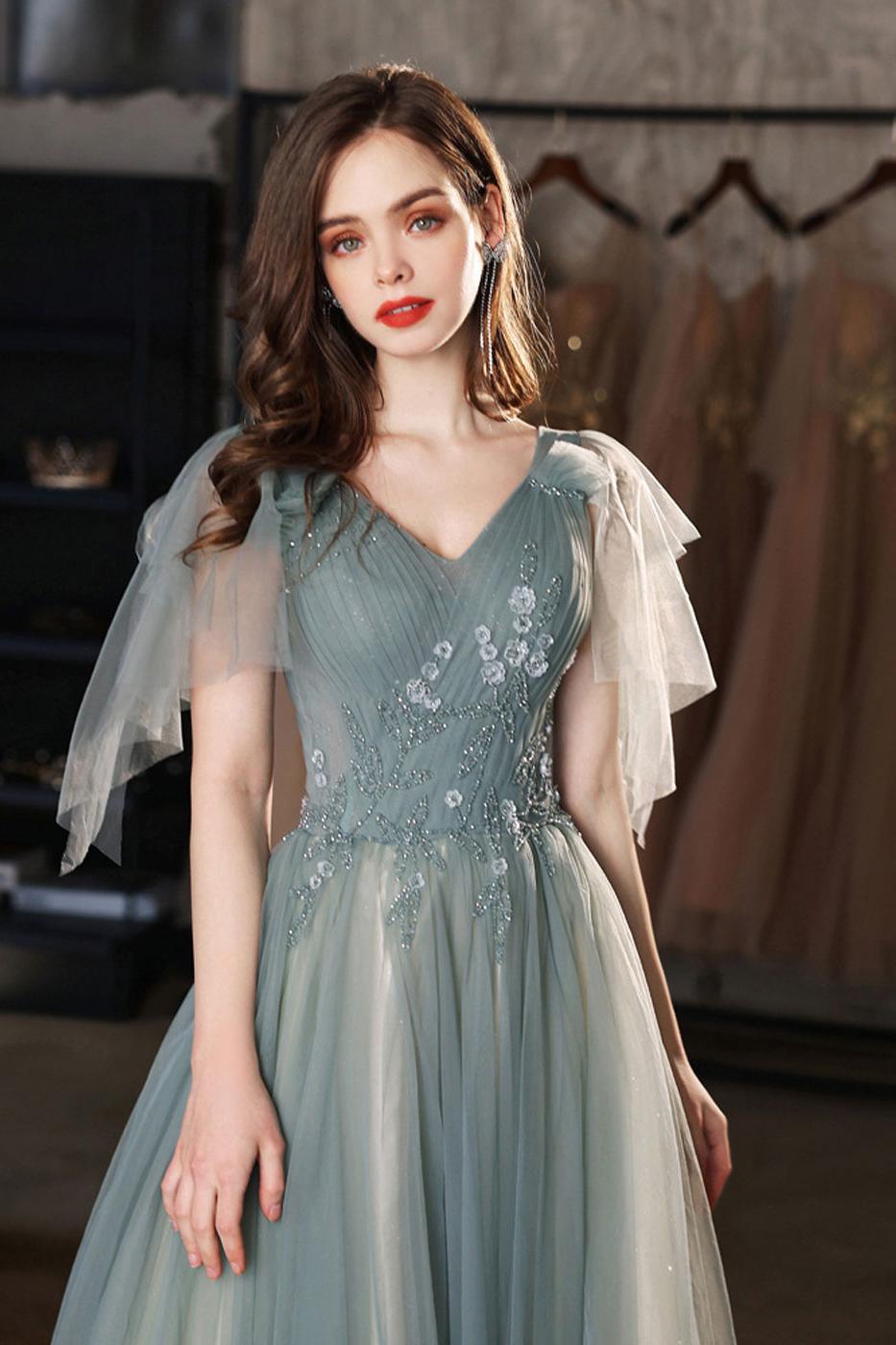 Green Prom Dress V Neck Tulle Lace Long Formal Dress Evening Dress