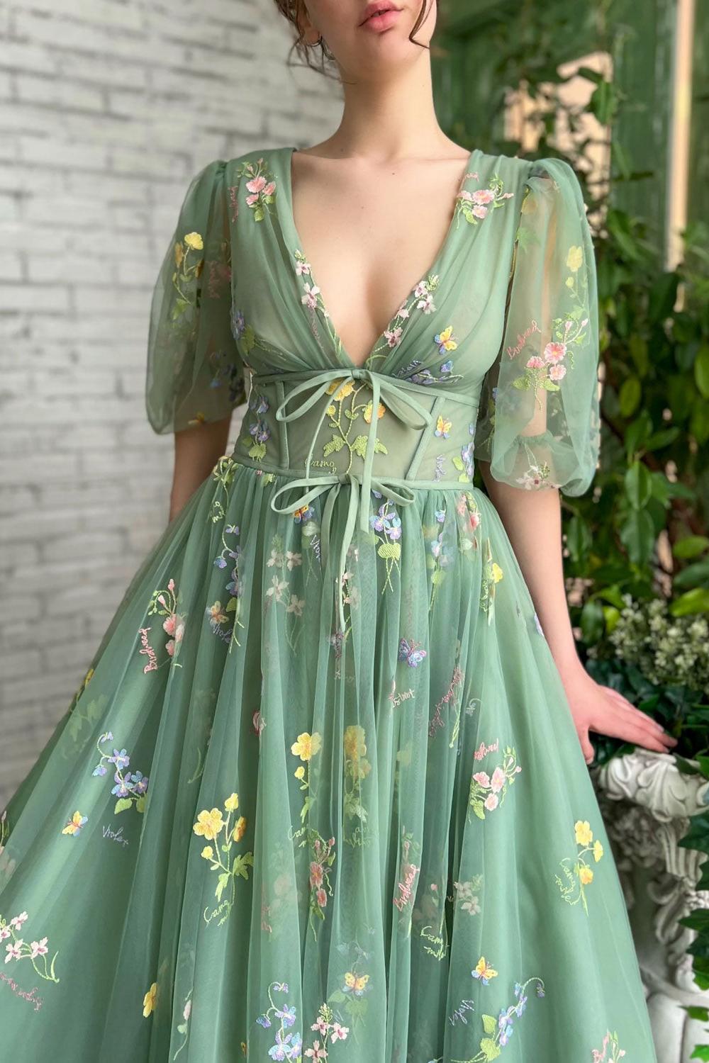 Green Prom Dress V Neck Tulle Lace Long Formal Evening Dress