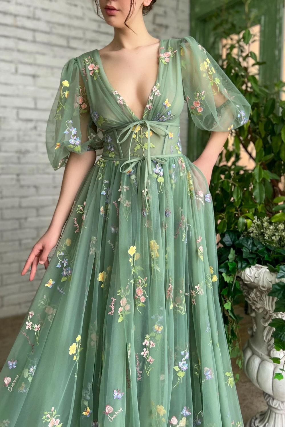 Green Prom Dress V Neck Tulle Lace Long Formal Evening Dress