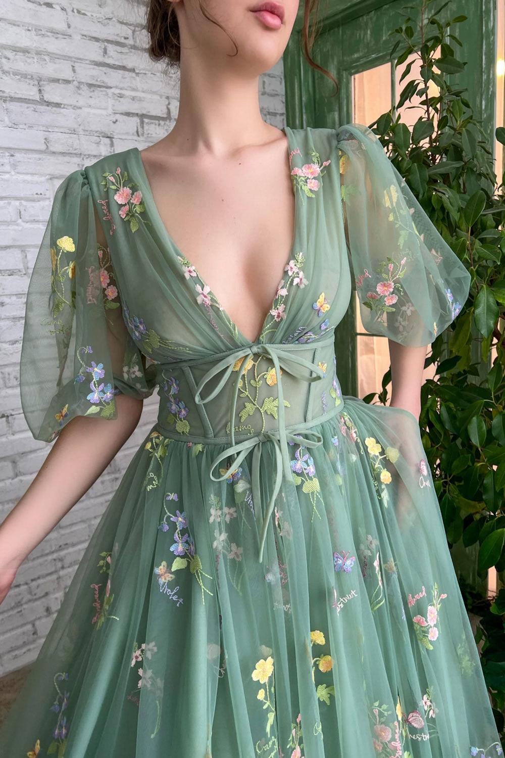 Green Prom Dress V Neck Tulle Lace Long Formal Evening Dress