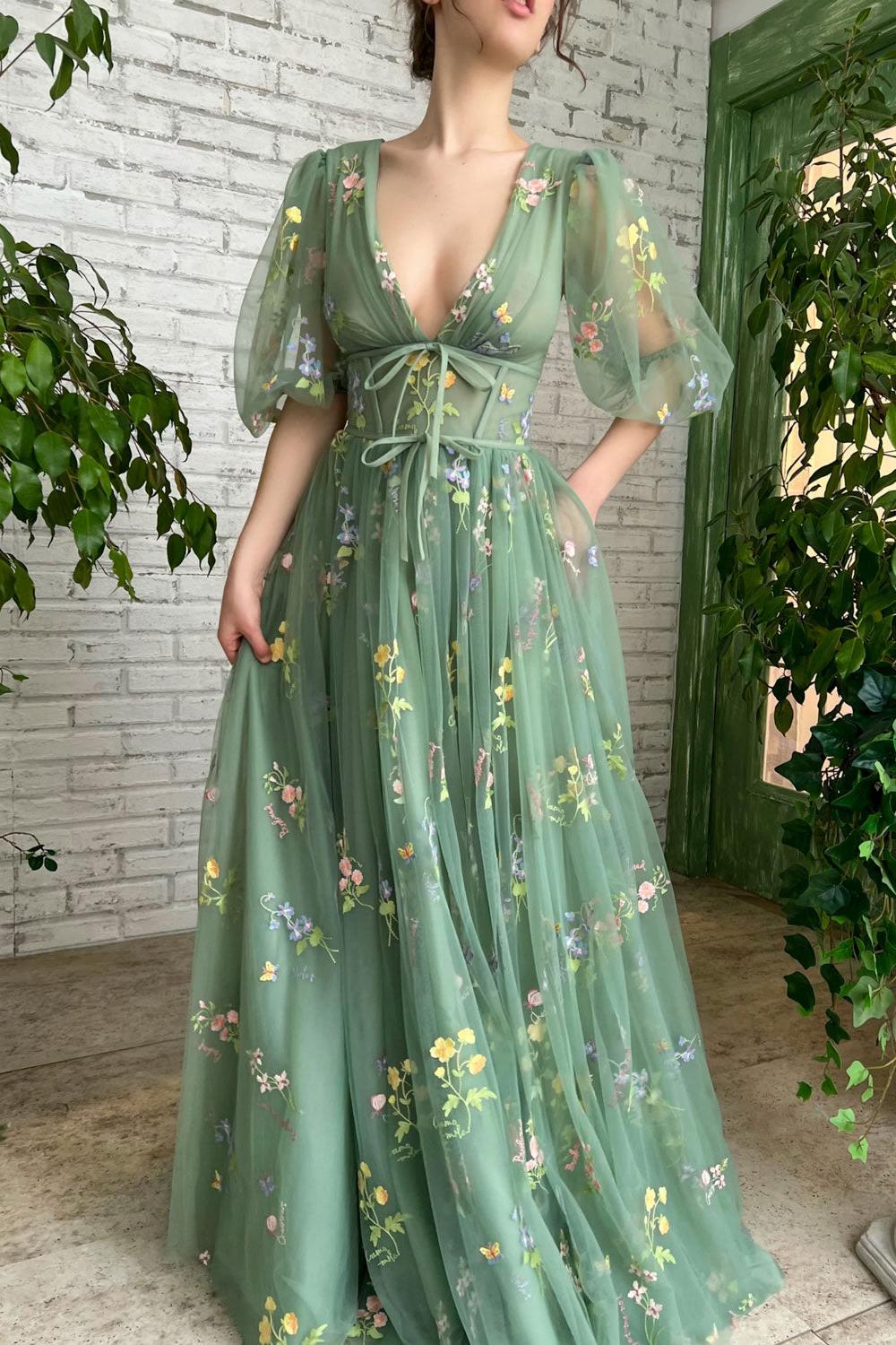 Green Prom Dress V Neck Tulle Lace Long Formal Evening Dress