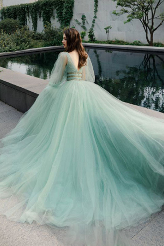 Green Prom Dress V Neck Tulle Long Formal Evening Dress