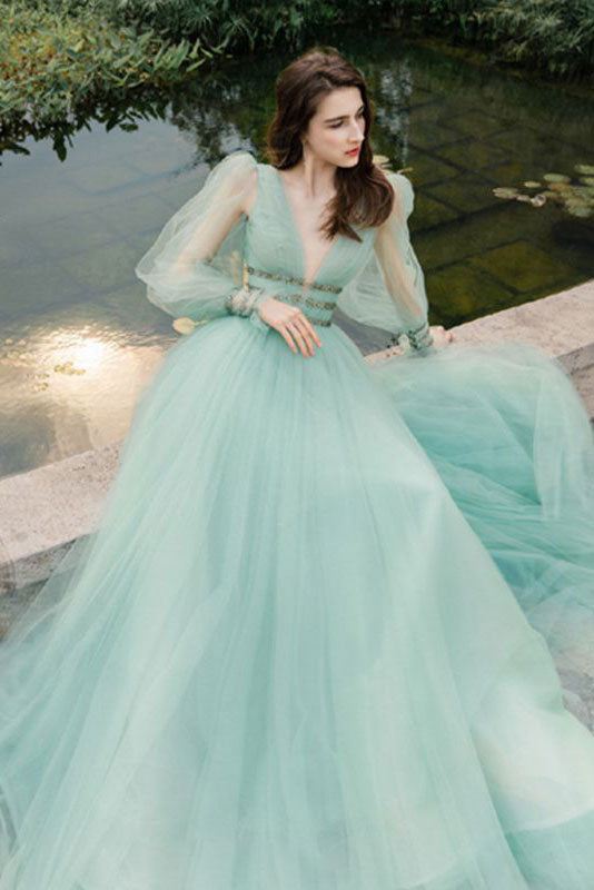 Green Prom Dress V Neck Tulle Long Formal Evening Dress