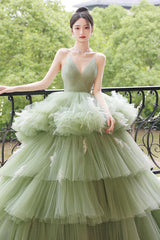 Green Prom Dress V Neck Tulle Long Sweet 16 Dress Evening Dress