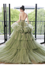 Green Prom Dress V Neck Tulle Long Sweet 16 Dress Evening Dress