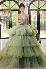 Green Prom Dress V Neck Tulle Long Sweet 16 Dress Evening Dress