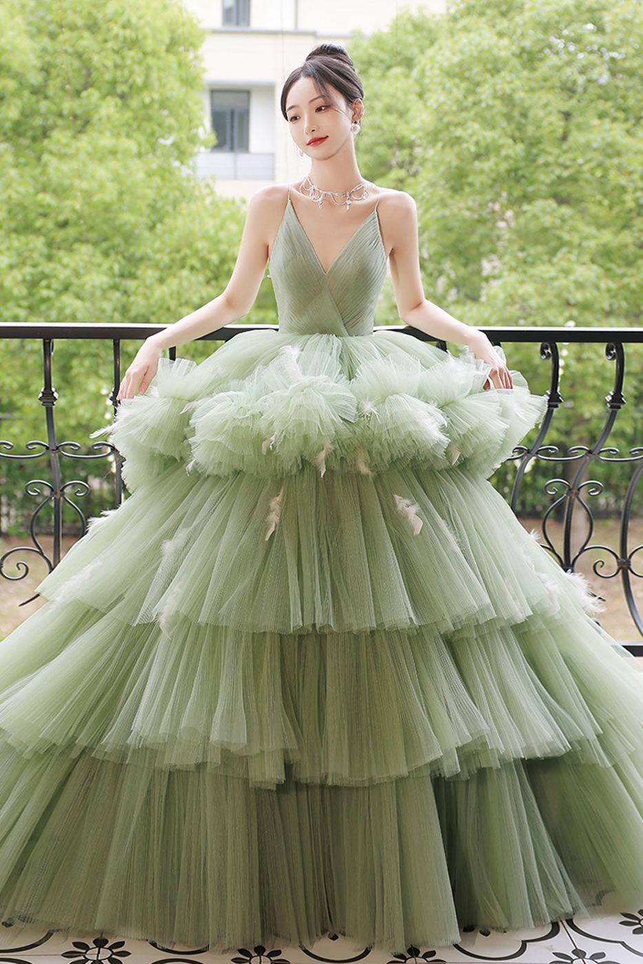 Green Prom Dress V Neck Tulle Long Sweet 16 Dress Evening Dress