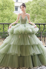 Green Prom Dress V Neck Tulle Long Sweet 16 Dress Evening Dress