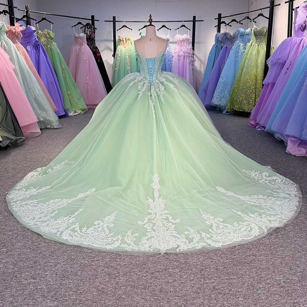 Green Quinceanera Prom Dress Sleeveless Princess Glitter Sweet 16 Dress
