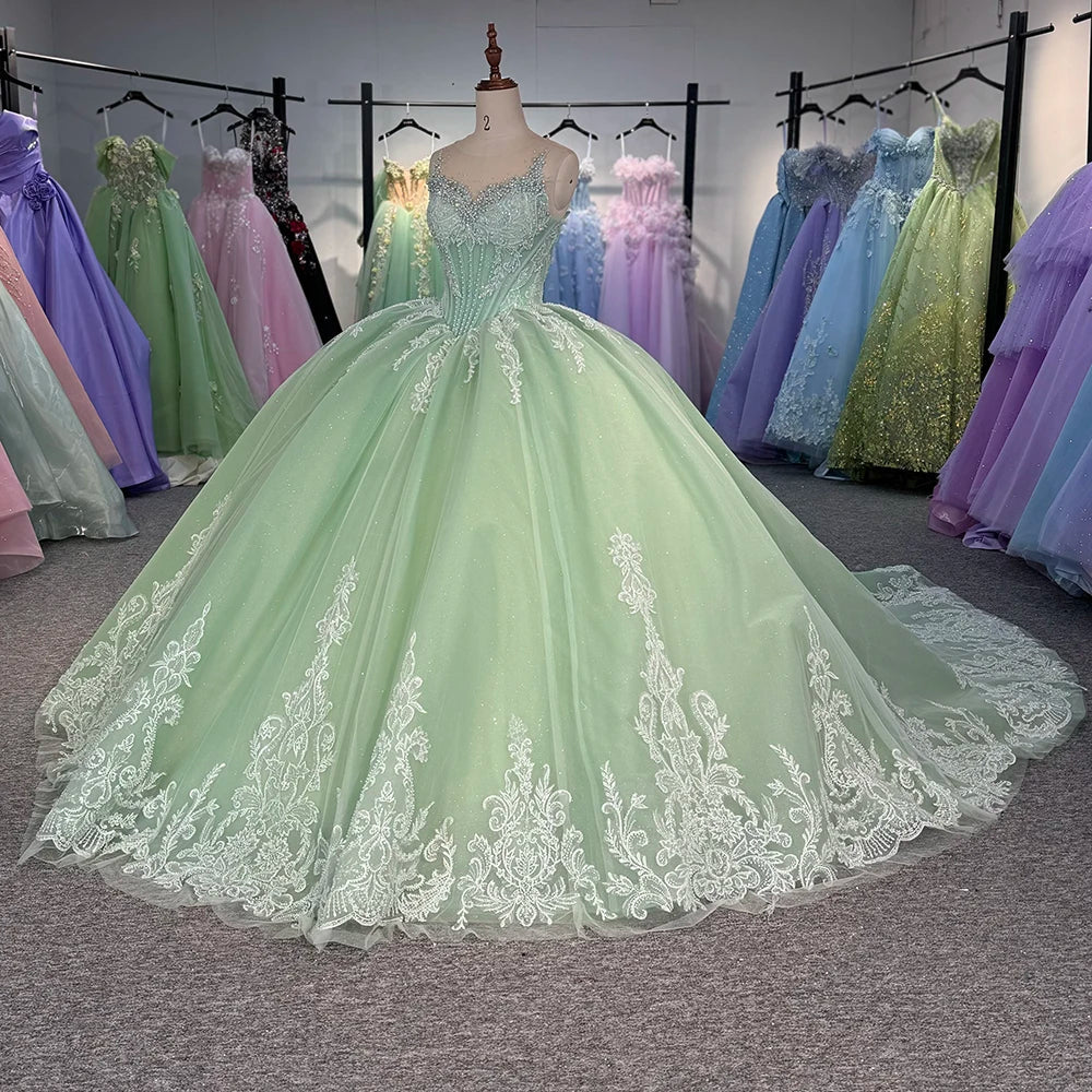 Green Quinceanera Prom Dress Sleeveless Princess Glitter Sweet 16 Dress
