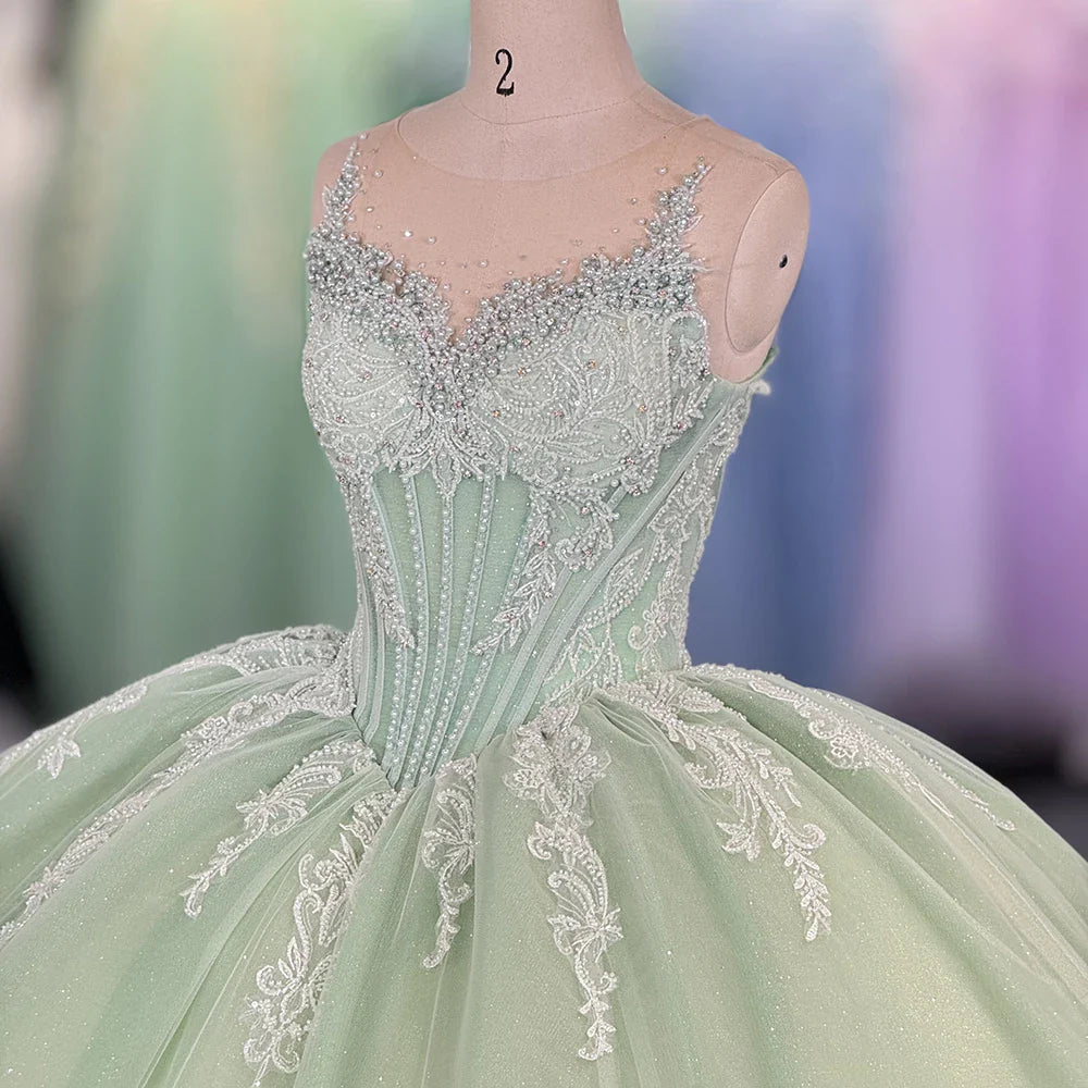 Green Quinceanera Prom Dress Sleeveless Princess Glitter Sweet 16 Dress