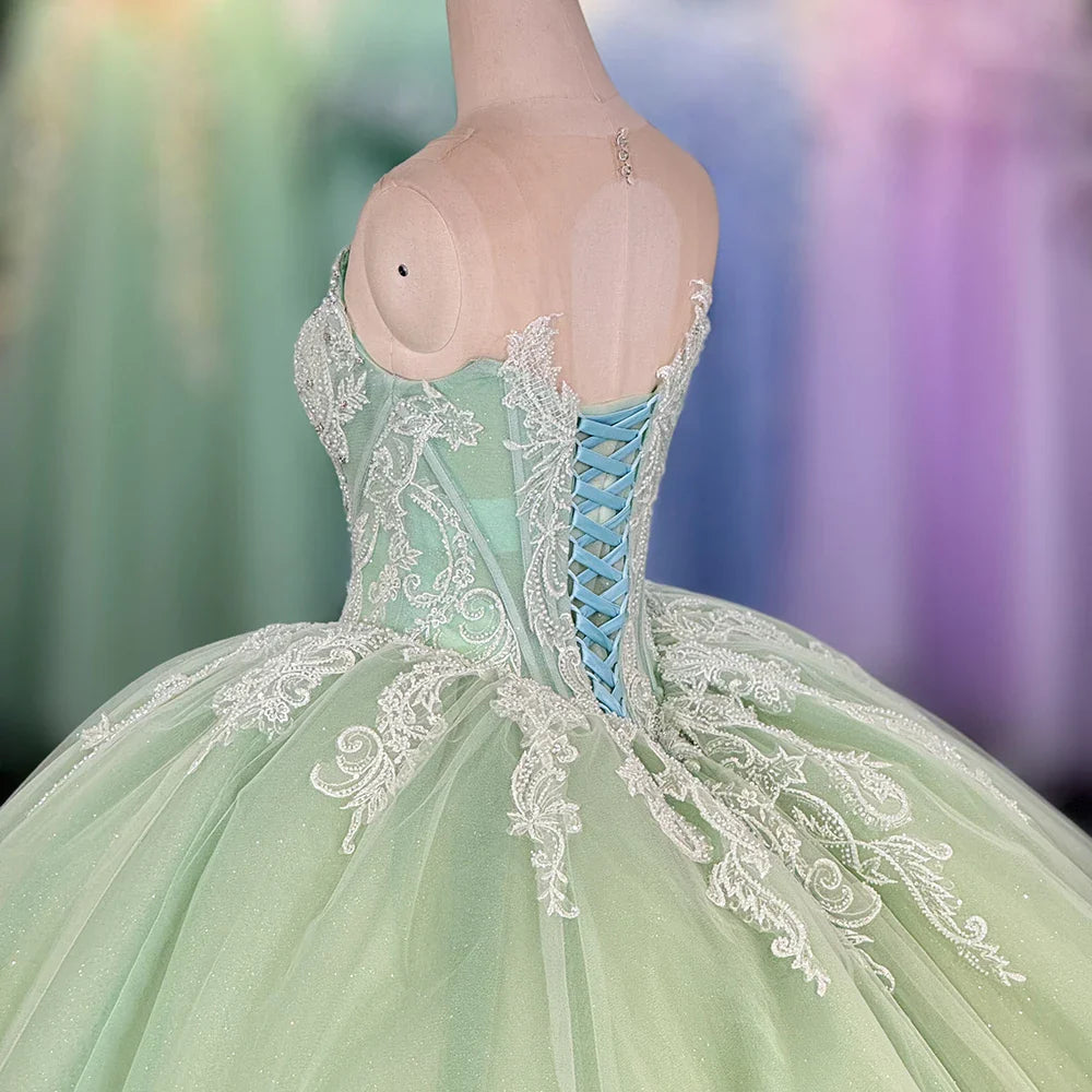 Green Quinceanera Prom Dress Sleeveless Princess Glitter Sweet 16 Dress
