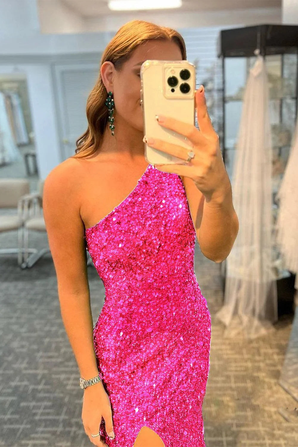 Green Sequined Prom Dress One Shoulder Long Evening Dress with Slit