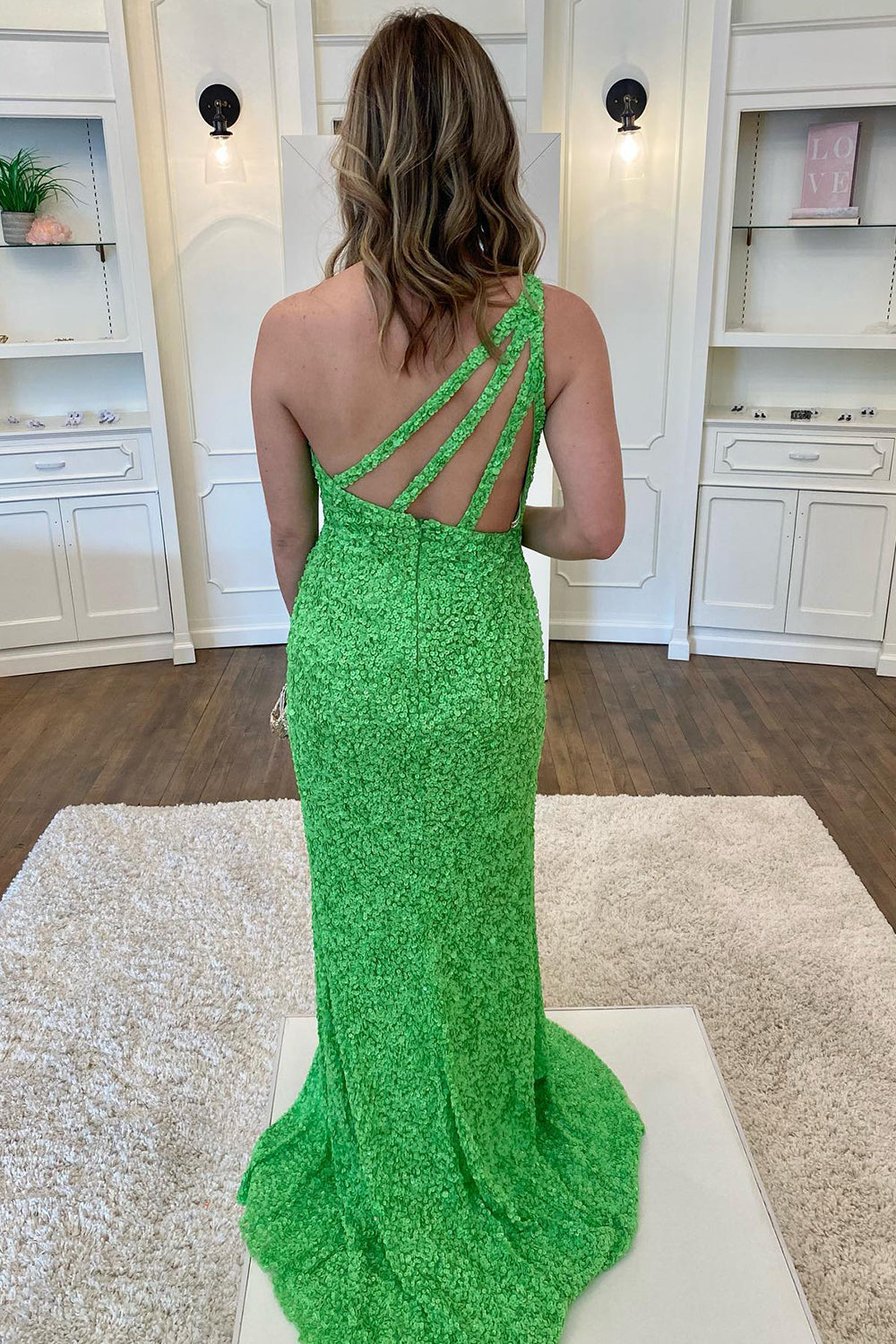 Green Sequined Prom Dress One Shoulder Long Evening Dress with Slit