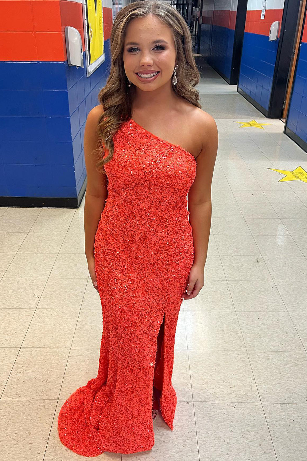 Green Sequined Prom Dress One Shoulder Long Evening Dress with Slit