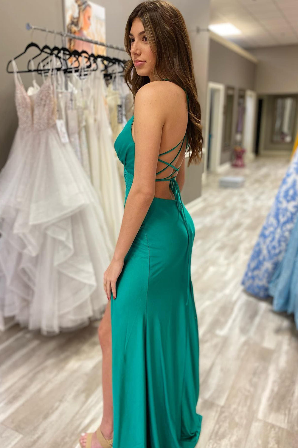 Green Sheath Prom Dress Spaghetti Straps Long Evening Dress with Slit