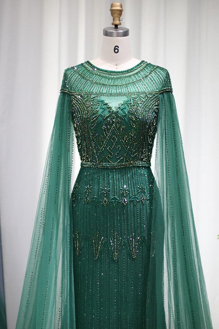 Green Sheath/Column Prom Dress Cap Sleeve Crew Neck Formal Dress With Beadings and Rhinestones
