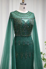 Green Sheath/Column Prom Dress Cap Sleeve Crew Neck Formal Dress With Beadings and Rhinestones