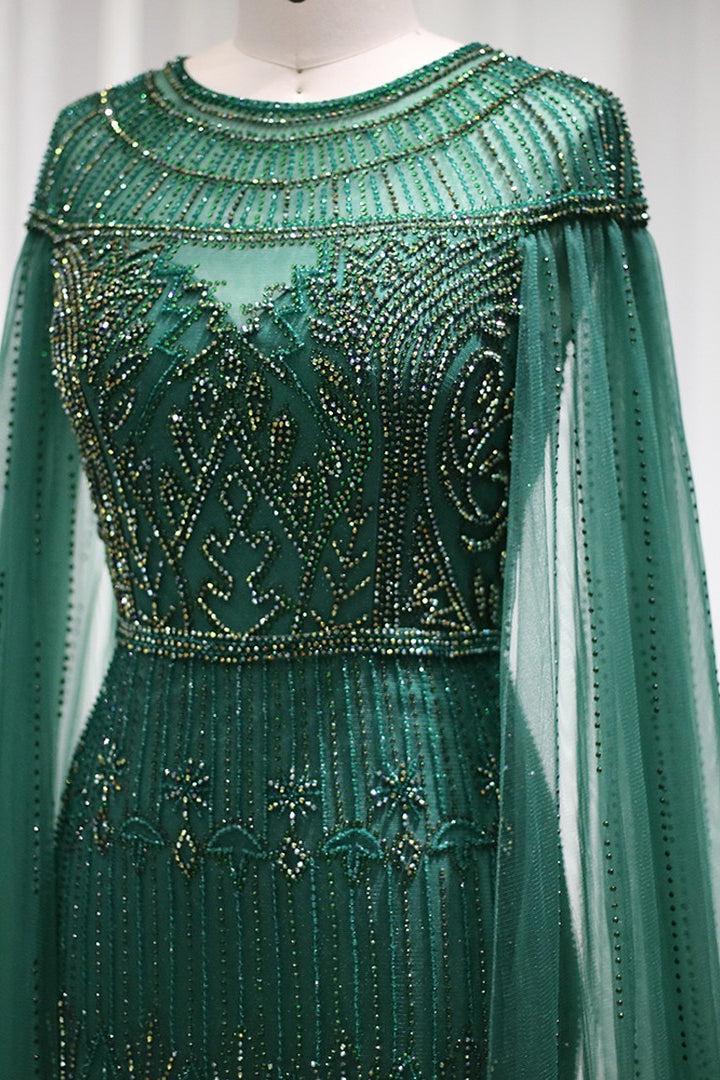 Green Sheath/Column Prom Dress Cap Sleeve Crew Neck Formal Dress With Beadings and Rhinestones