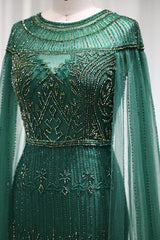 Green Sheath/Column Prom Dress Cap Sleeve Crew Neck Formal Dress With Beadings and Rhinestones