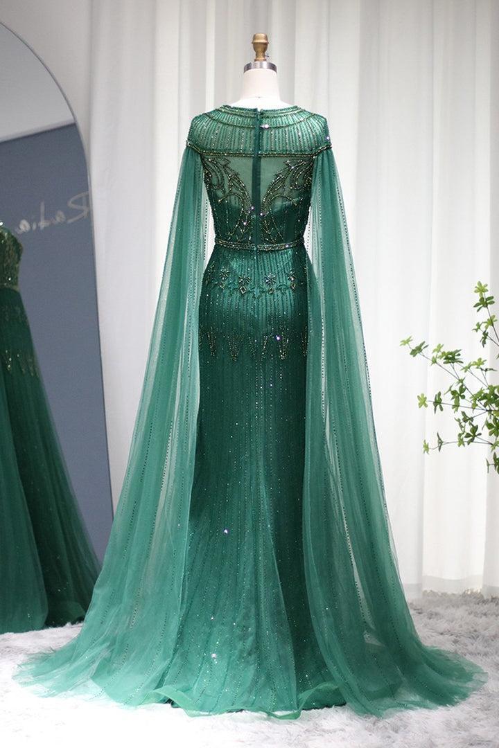 Green Sheath/Column Prom Dress Cap Sleeve Crew Neck Formal Dress With Beadings and Rhinestones