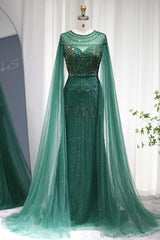 Green Sheath/Column Prom Dress Cap Sleeve Crew Neck Formal Dress With Beadings and Rhinestones